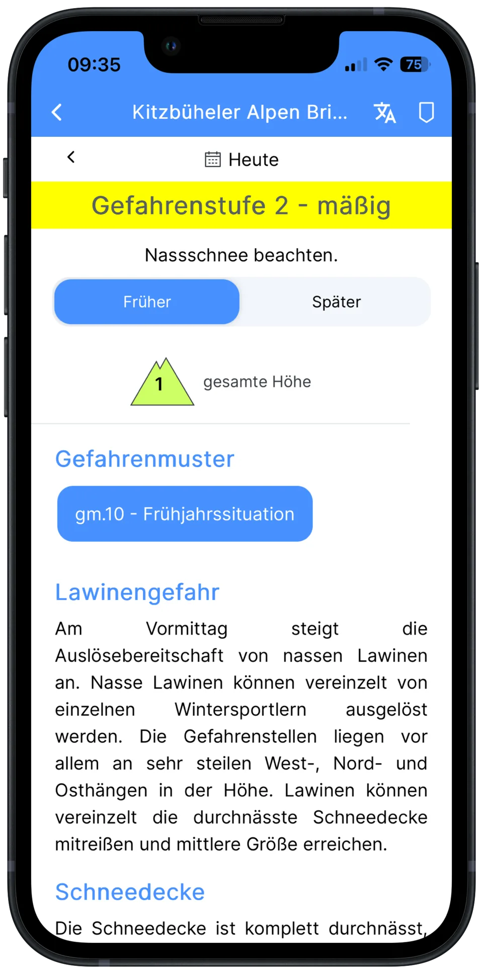 SnowSafe-Lagebericht mit Gefahrenstufe 2 (mäßig), Gefahrenmuster und Berichtstext