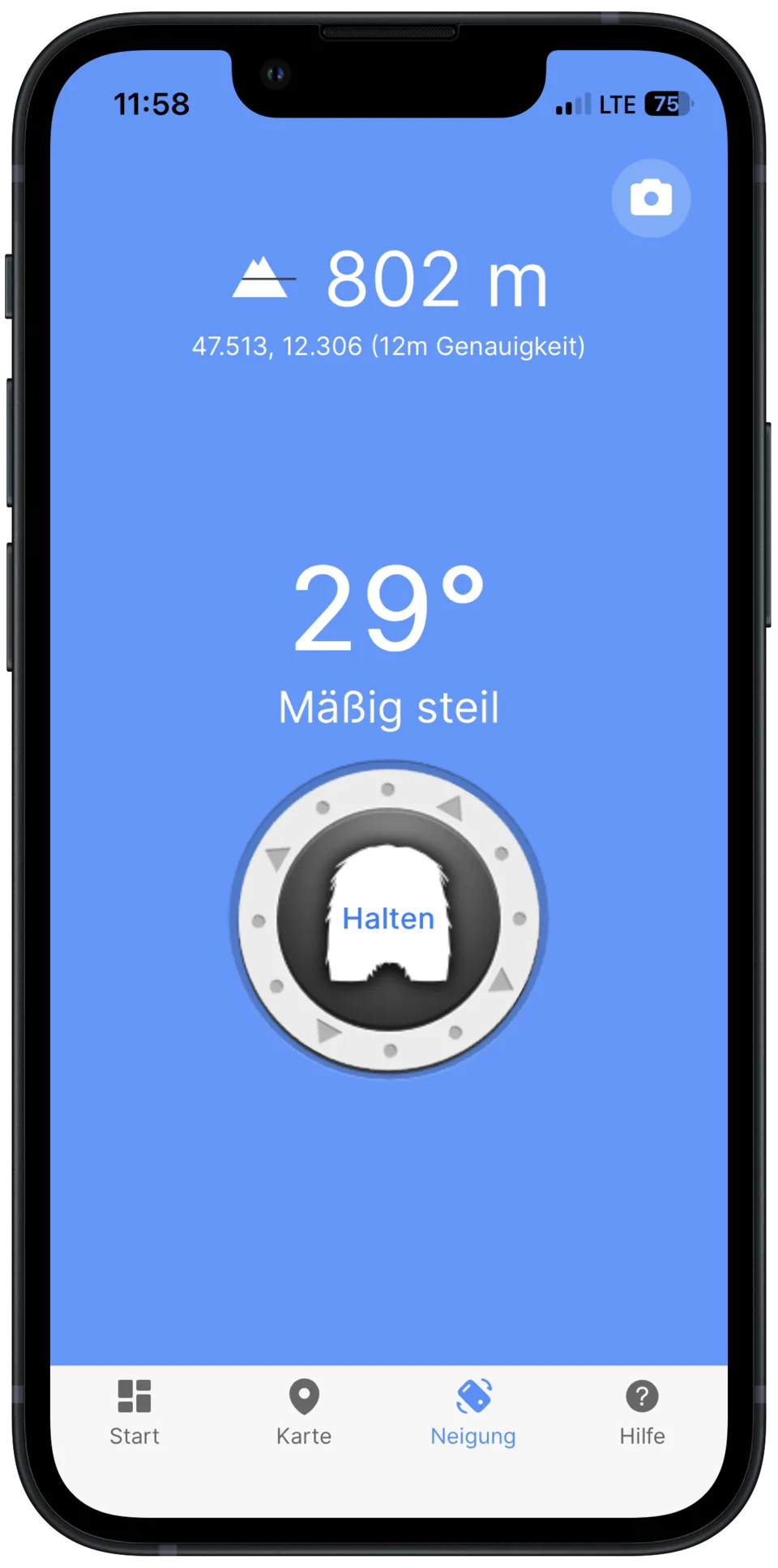 SnowSafe-Neigungsmesser: 29 Grad, mäßig steil, mit Seehöhe und Position
