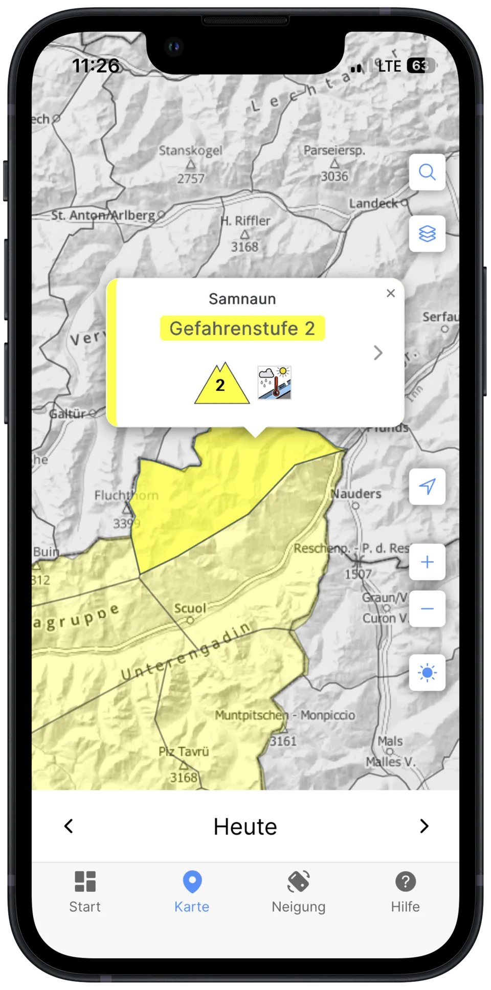 SnowSafe-Karte mit eingefärbten Warnregionen und Gefahrenstufe 2 für Samnaun