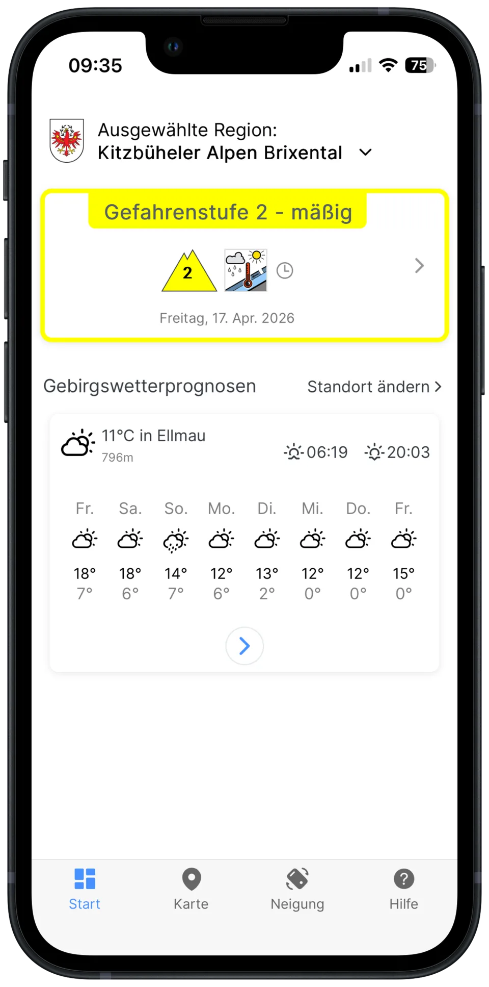 SnowSafe-Startbildschirm mit Gefahrenstufe und 8-Tage-Bergwetterprognose für Ellmau